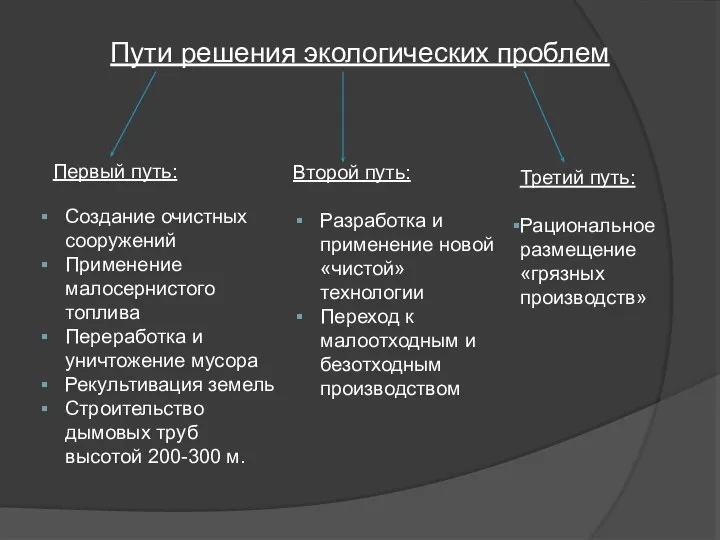 Пути решения экологических проблем Первый путь: Создание очистных сооружений Применение малосернистого топлива