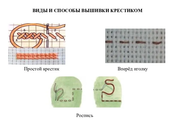 ВИДЫ И СПОСОБЫ ВЫШИВКИ КРЕСТИКОМ Простой крестик Вперёд иголку Роспись