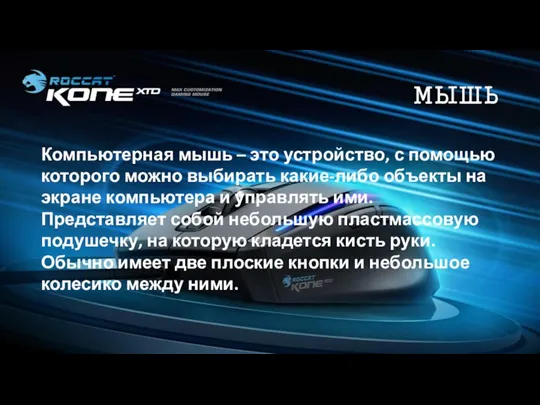 МЫШЬ Компьютерная мышь – это устройство, с помощью которого можно выбирать какие-либо