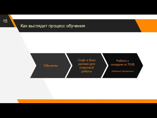 Как выглядит процесс обучения Обучение Софт и база данных для стартовой работы