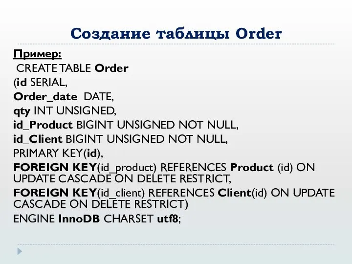 Создание таблицы Order Пример: CREATE TABLE Order (id SERIAL, Order_date DATE, qty