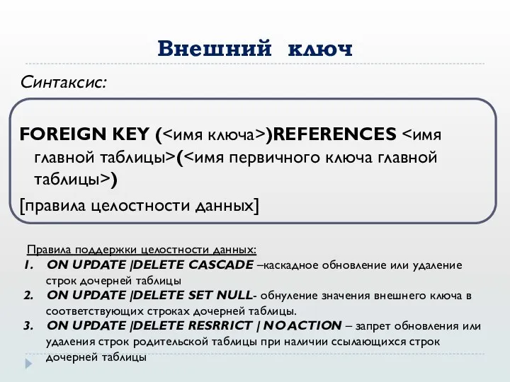 Внешний ключ Синтаксис: FOREIGN KEY ( )REFERENCES ( ) [правила целостности данных]