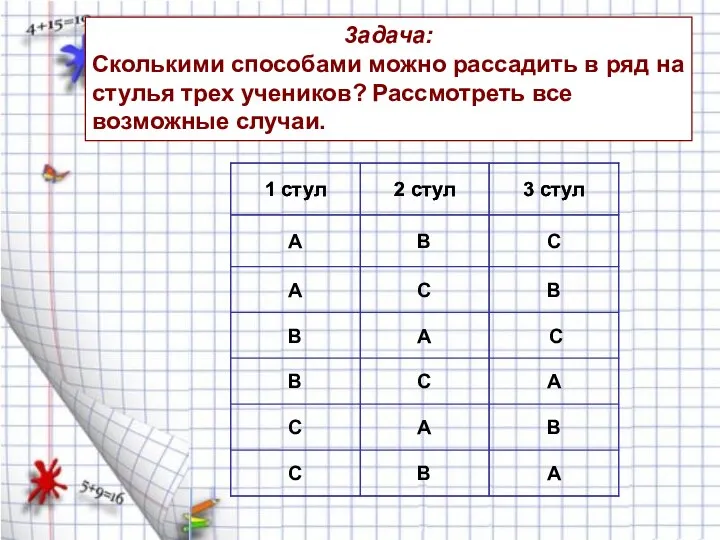 3адача: Сколькими способами можно рассадить в ряд на стулья трех учеников? Рассмотреть все возможные случаи.