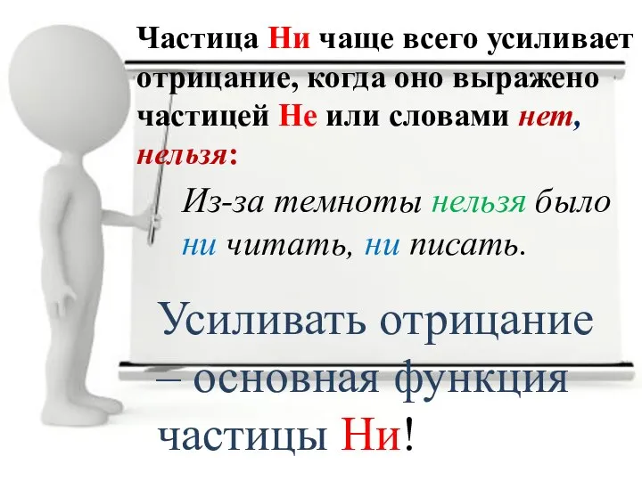 Частица Ни чаще всего усиливает отрицание, когда оно выражено частицей Не или