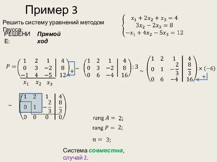 Пример 3 Решить систему уравнений методом Гаусса: РЕШЕНИЕ: Прямой ход Система совместна, случай 2.