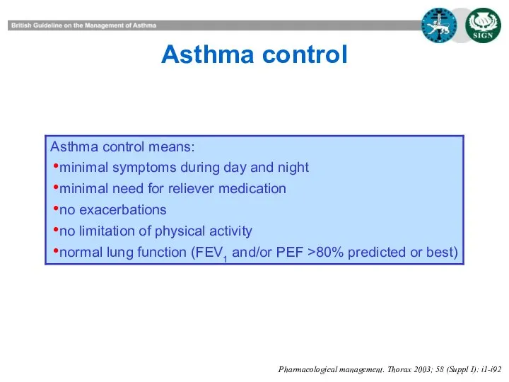 Asthma control Pharmacological management. Thorax 2003; 58 (Suppl I): i1-i92