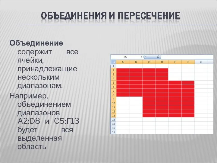 Объединение содержит все ячейки, принадлежащие нескольким диапазонам. Например, объединением диапазонов A2:D8 и