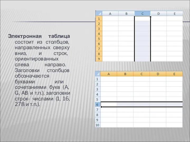 Электронная таблица состоит из столбцов, направленных сверху вниз, и строк, ориентированных слева