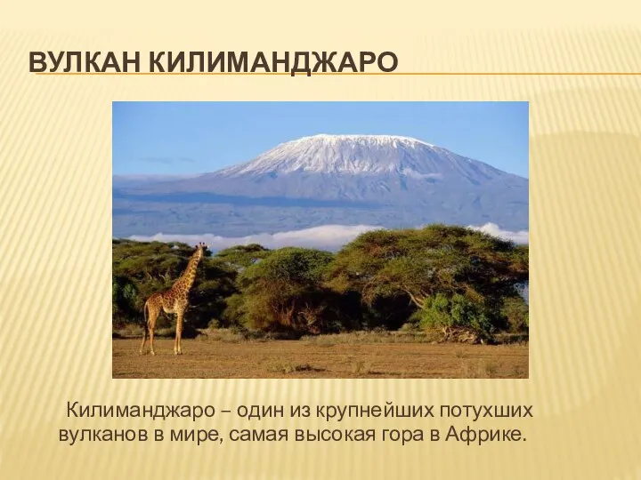 ВУЛКАН КИЛИМАНДЖАРО Килиманджаро – один из крупнейших потухших вулканов в мире, самая высокая гора в Африке.