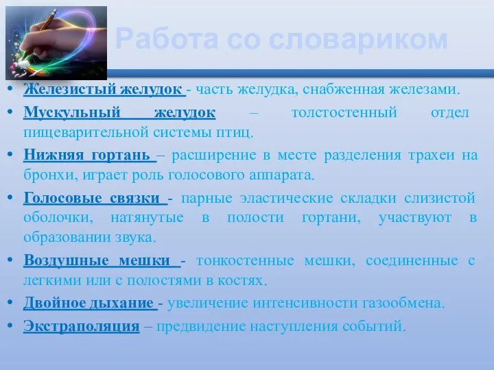 Работа со словариком Железистый желудок - часть желудка, снабженная железами. Мускульный желудок