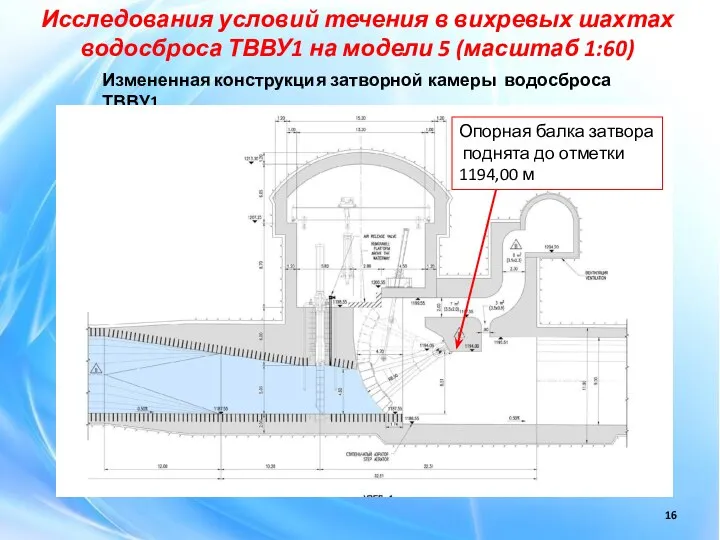 Исследования условий течения в вихревых шахтах водосброса ТВВУ1 на модели 5 (масштаб