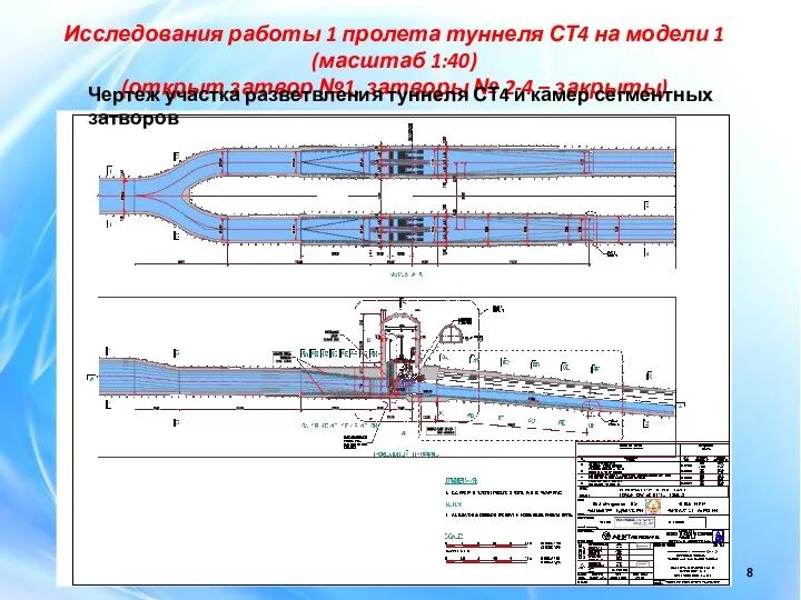 Исследования работы 1 пролета туннеля СТ4 на модели 1 (масштаб 1:40) (открыт