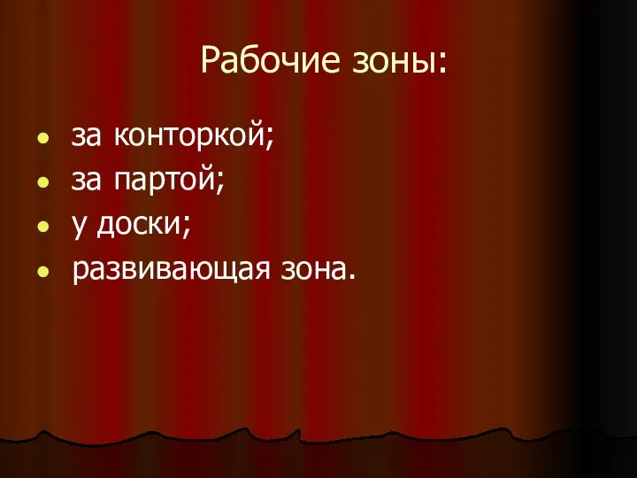 Рабочие зоны: за конторкой; за партой; у доски; развивающая зона.