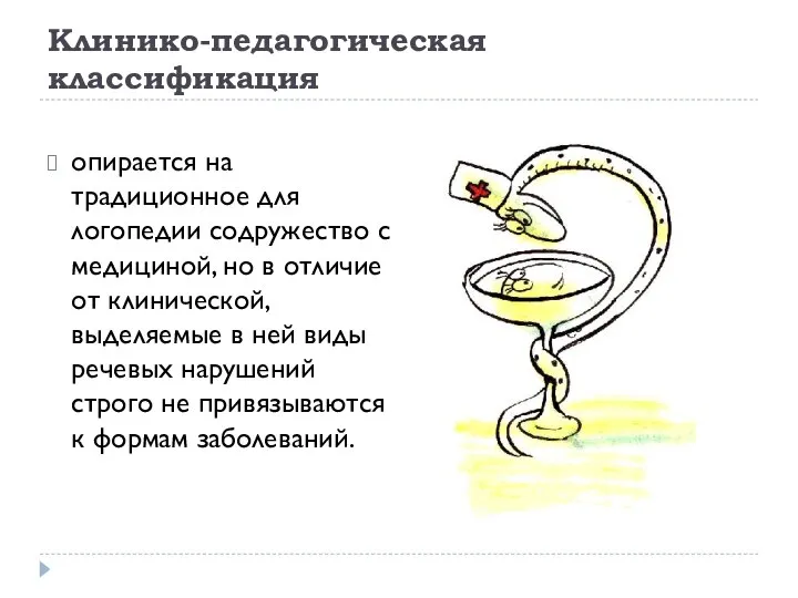 Клинико-педагогическая классификация опирается на традиционное для логопедии содружество с медициной, но в