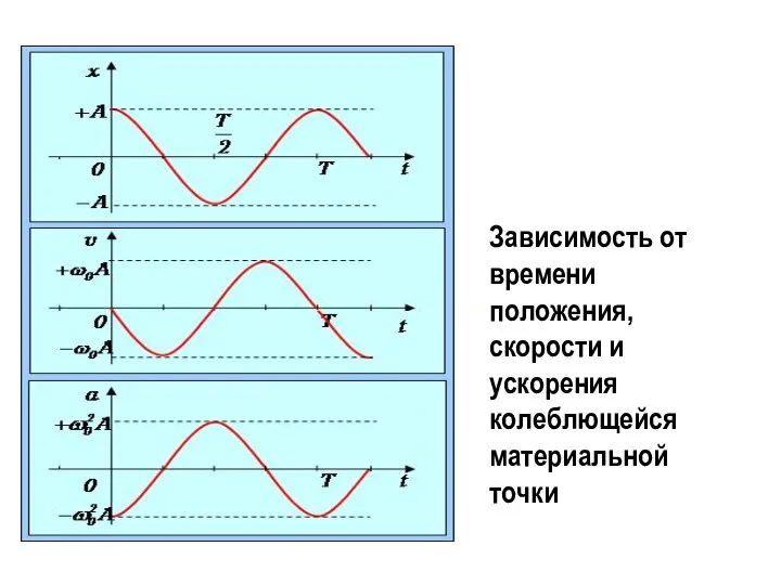 Зависимость от времени положения, скорости и ускорения колеблющейся материальной точки