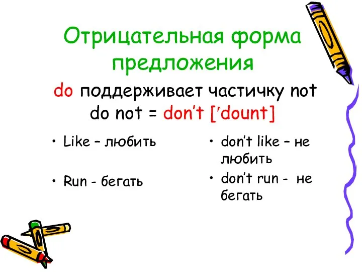 Отрицательная форма предложения do поддерживает частичку not do not = don’t [ʹdount]