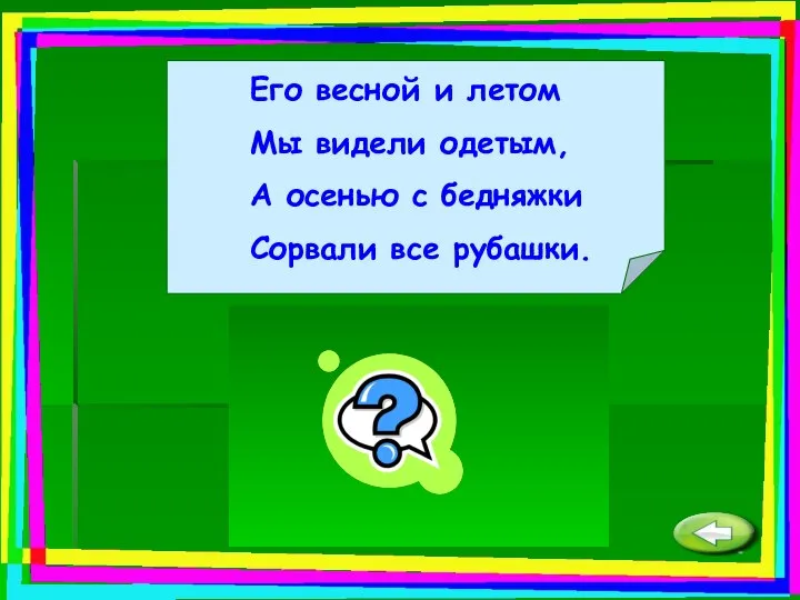 Его весной и летом Мы видели одетым, А осенью с бедняжки Сорвали все рубашки. Дерево.