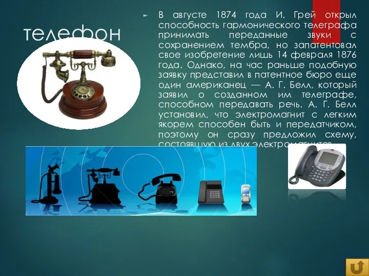 телефон В августе 1874 года И. Грей открыл способность гармонического телеграфа принимать