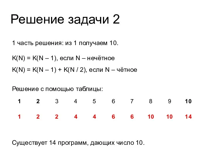 Решение задачи 2 1 часть решения: из 1 получаем 10. K(N) =