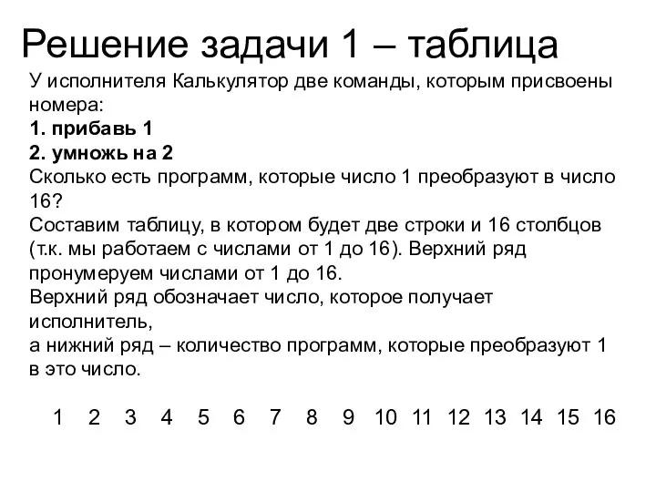 Решение задачи 1 – таблица У исполнителя Калькулятор две команды, которым присвоены