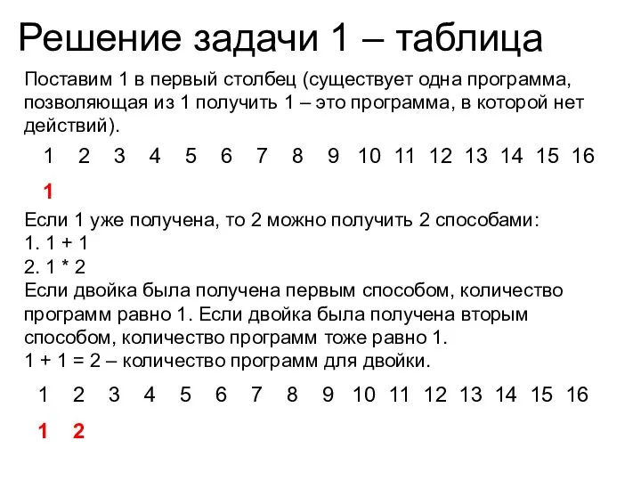 Решение задачи 1 – таблица Поставим 1 в первый столбец (существует одна