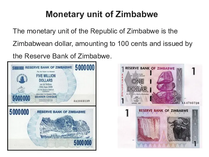 Monetary unit of Zimbabwe The monetary unit of the Republic of Zimbabwe