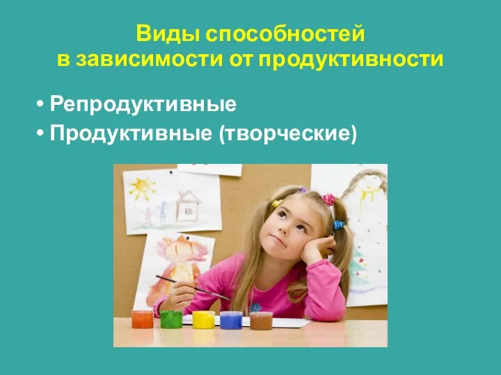 Виды способностей в зависимости от продуктивности Репродуктивные Продуктивные (творческие)