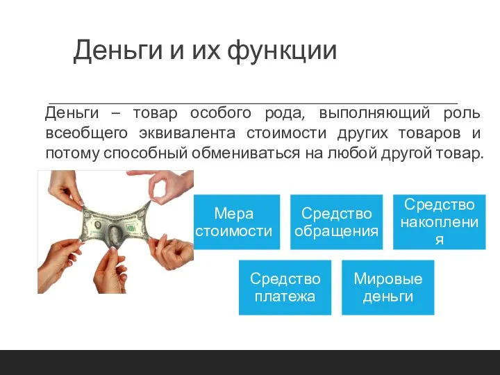 Деньги и их функции Деньги – товар особого рода, выполняющий роль всеобщего