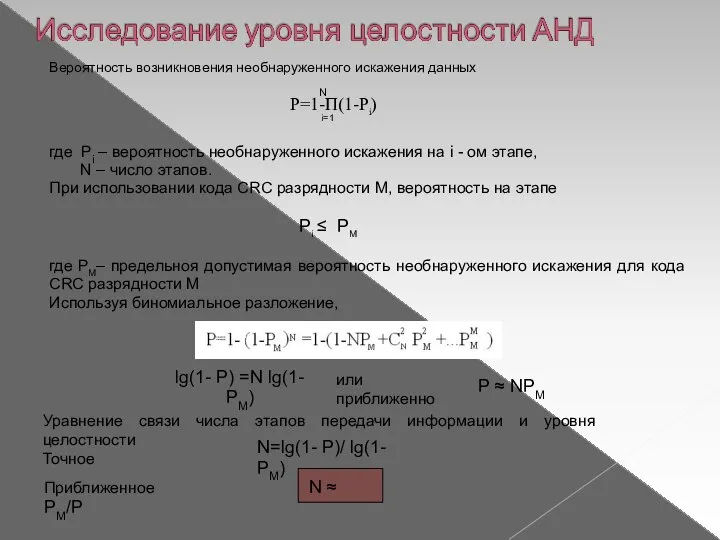 Вероятность возникновения необнаруженного искажения данных N P=1-П(1-Рi) i=1 где Рi – вероятность