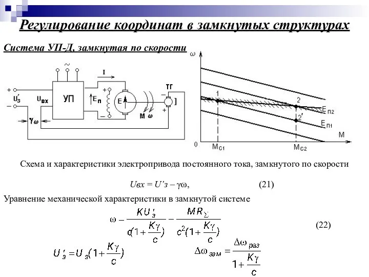 Регулирование координат в замкнутых структурах Система УП-Д, замкнутая по скорости Схема и