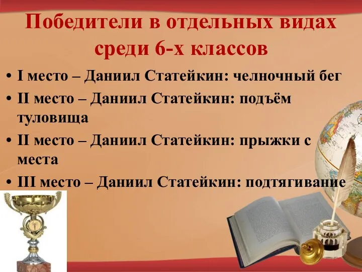 Победители в отдельных видах среди 6-х классов I место – Даниил Статейкин: