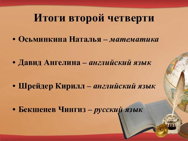 Итоги второй четверти Осьминкина Наталья – математика Давид Ангелина – английский язык