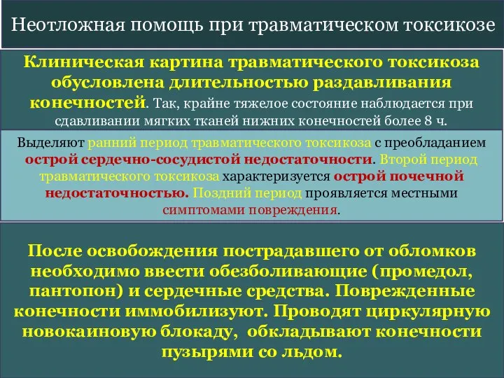 Неотложная помощь при травматическом токсикозе Клиническая картина травматического токсикоза обусловлена длительностью раздавливания