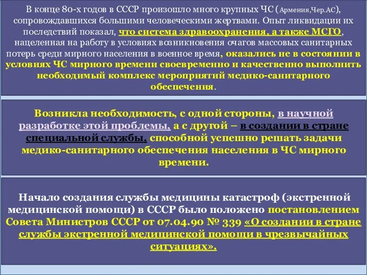 В конце 80-х годов в СССР произошло много крупных ЧС (Армения,Чер.АС), сопровождавшихся