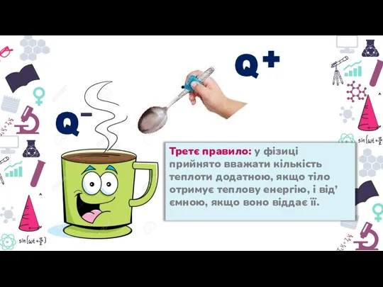 Третє правило: у фізиці прийнято вважати кількість теплоти додатною, якщо тіло отримує