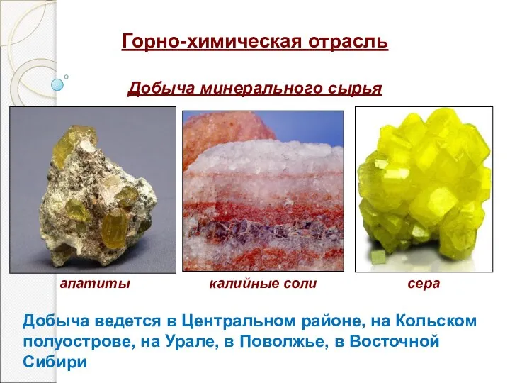 Горно-химическая отрасль Добыча минерального сырья апатиты калийные соли сера Добыча ведется в