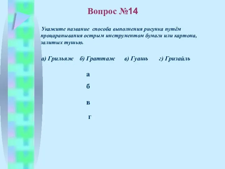 б в а г Вопрос №14 Укажите название способа выполнения рисунка путём