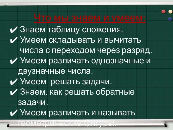 Что мы знаем и умеем: Знаем таблицу сложения. Умеем складывать и вычитать