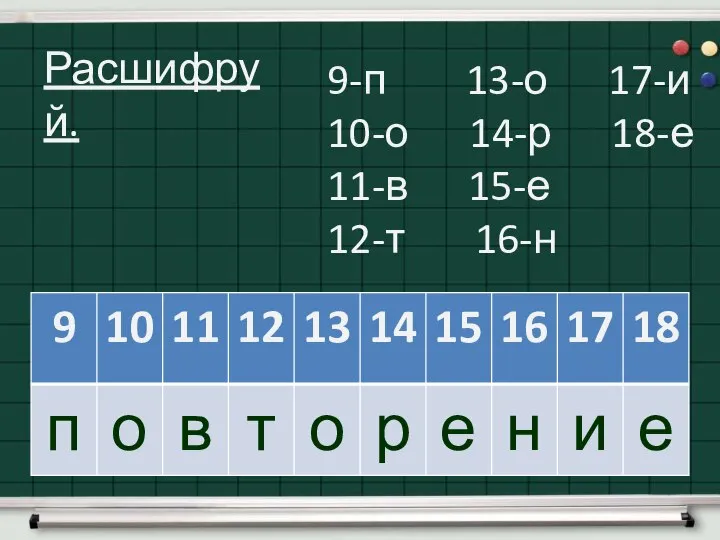 Расшифруй. 9-п 13-о 17-и 10-о 14-р 18-е 11-в 15-е 12-т 16-н