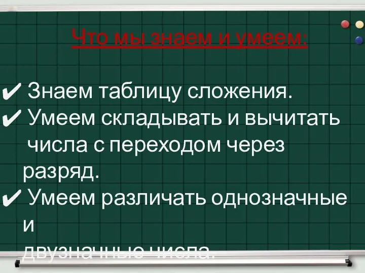 Что мы знаем и умеем: Знаем таблицу сложения. Умеем складывать и вычитать