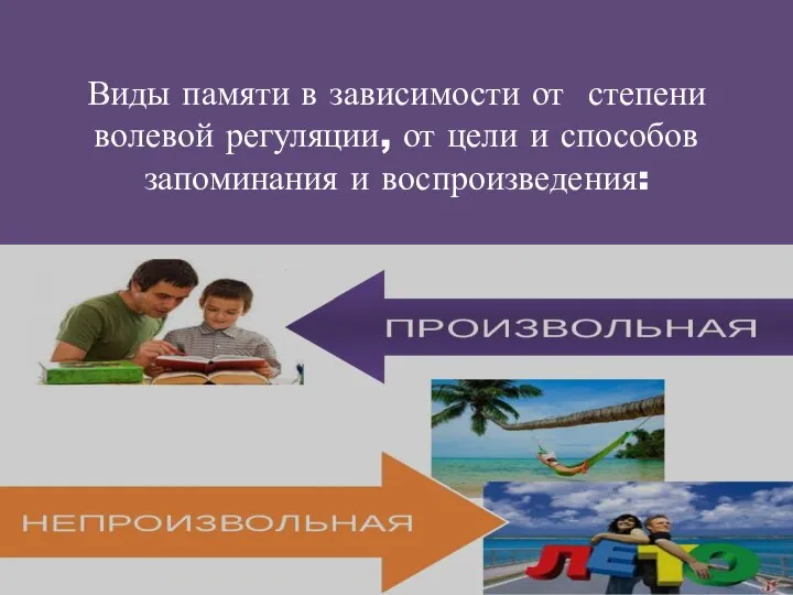 Виды памяти в зависимости от степени волевой регуляции, от цели и способов