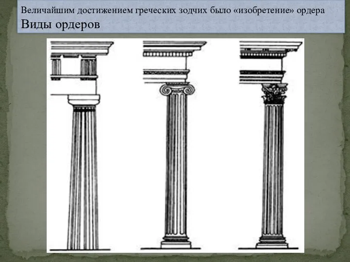 Величайшим достижением греческих зодчих было «изобретение» ордера Виды ордеров