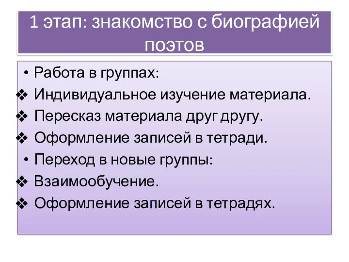 1 этап: знакомство с биографией поэтов Работа в группах: Индивидуальное изучение материала.