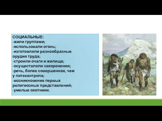 СОЦИАЛЬНЫЕ: -жили группами; -использовали огонь; -изготовляли разнообразные орудия труда; -строили очаги и