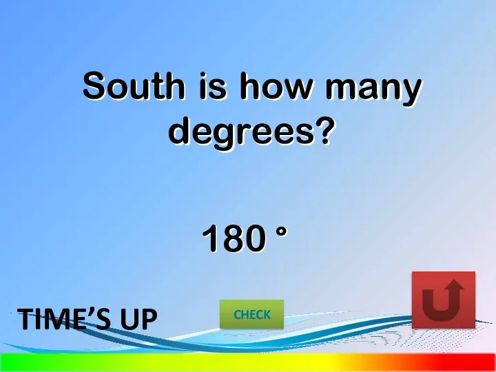 TIME’S UP South is how many degrees? 180 ° CHECK
