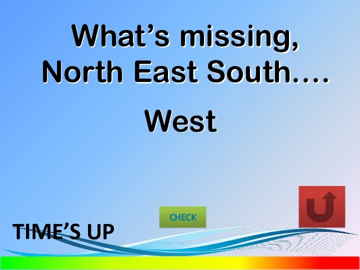 What’s missing, North East South…. West CHECK TIME’S UP