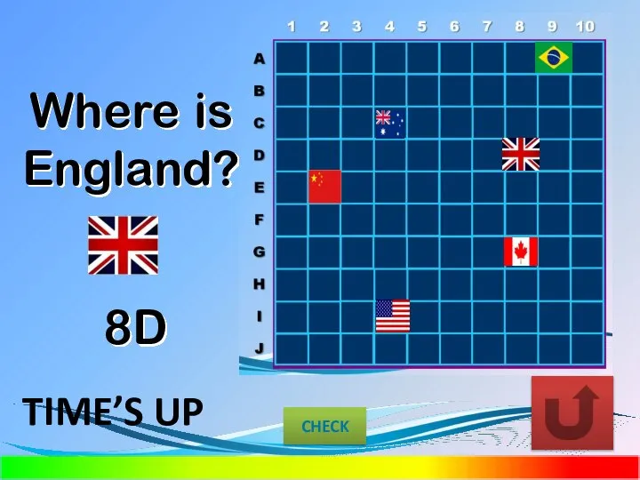 Where is England? 8D CHECK TIME’S UP