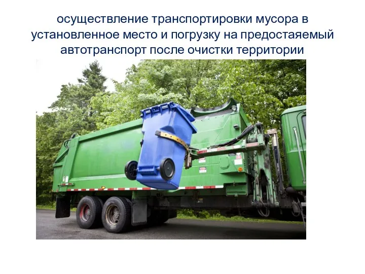 осуществление транспортировки мусора в установленное место и погрузку на предостаяемый автотранспорт после очистки территории