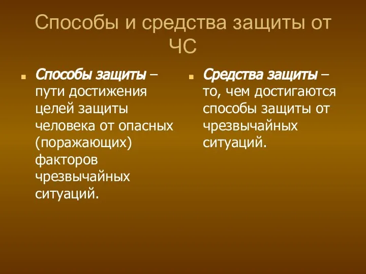 Способы и средства защиты от ЧС Способы защиты – пути достижения целей