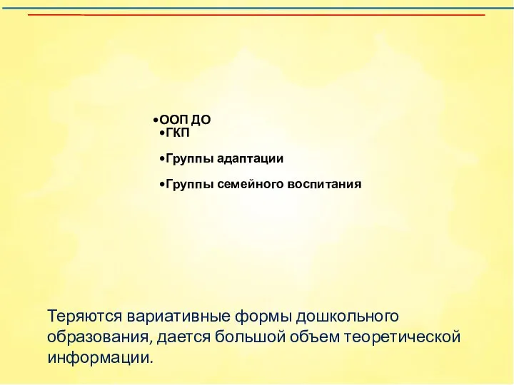 ООП ДО ГКП Группы адаптации Группы семейного воспитания Теряются вариативные формы дошкольного